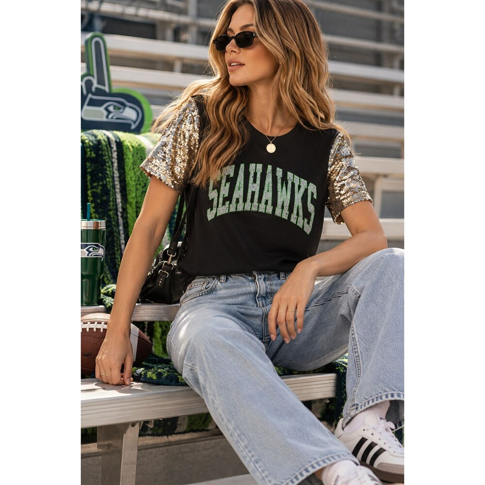 Gameday Couture Seattle Seahawks Sequin Sleeve Tee NFL Football Shirt
